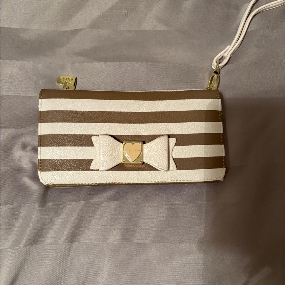 Betsey Johnson Brown and White Striped Wristlet with Bow